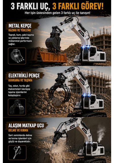 3in1 Excavator Kırıcı Delici Taşıyıcı Rc Uzaktan Kumandalı Işıklı Sesli Metal Alaşım Ekskavatör İş Makinesi Beyaz