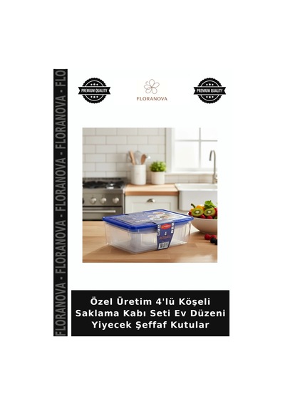 Özel Üretim 4'lü Köşeli Saklama Kabı Seti Ev Düzeni Yiyecek Şeffaf Kutular Çok Renkli