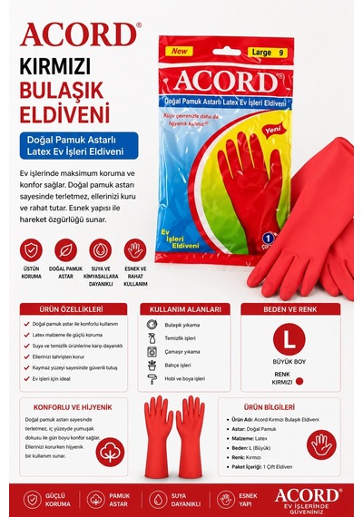 Acord Kırmızı Bulaşık Eldiveni L Beden