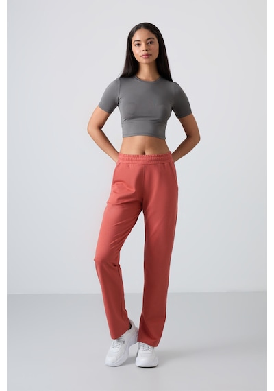 Tommy Life Kiremit Yüksek Bel Cepli Rahat Form Klasik Paça Kadın Eşofman Alt - 94584 Kiremit