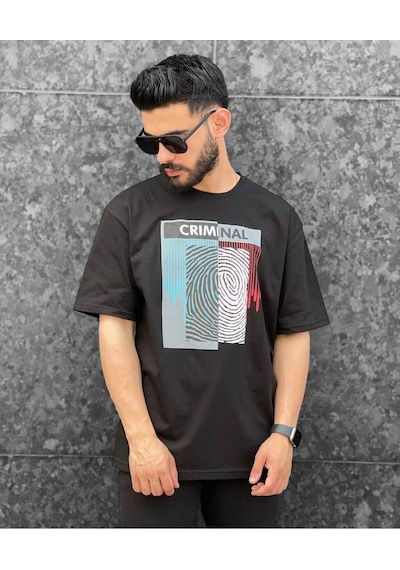 Flood Of Style Erkek Antrasit Crımınal Baskılı Oversize Bisiklet Yaka Tshirt Gri
