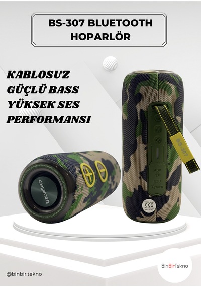 Binbirtekno Bs-307 Bluetooth Speaker Güçlü Bass, 20w Taşınabilir Kablosuz Hoparlör-kamuflaj