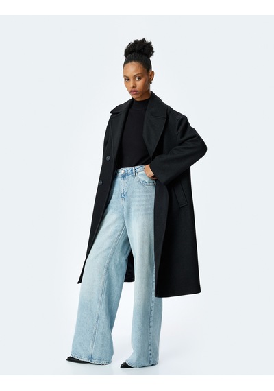 Koton Cepli Düğmeli Kruvaze Oversize Kaşe Kaban Siyah 5wak00429ew