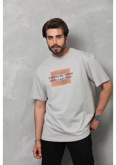 Assema Erkek Baskılı T-shirt Kısa Kol Bisiklet Yaka Regular Fit Rahat Kalıp Tişört - Gri Çok Renkli