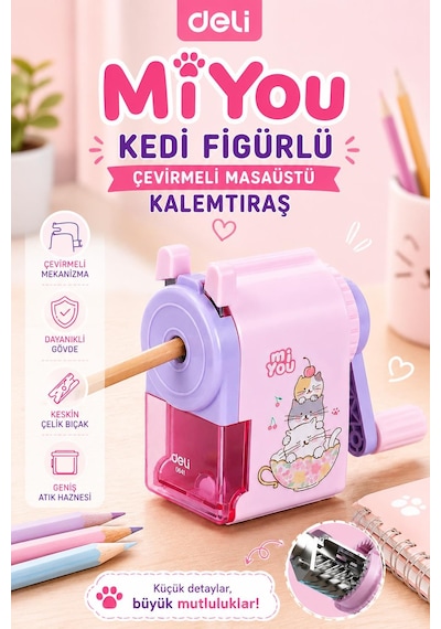Deli E0641 Miyou Kedi Figürlü Çevirmeli Masaüstü Kalemtıraş