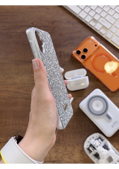 Samsung A07 Uyumlu Kadife İç Yüzey Tasarımlı Taşlı Işıltılı Parlak Pırlanta Kılıf Dia Plus Gümüş