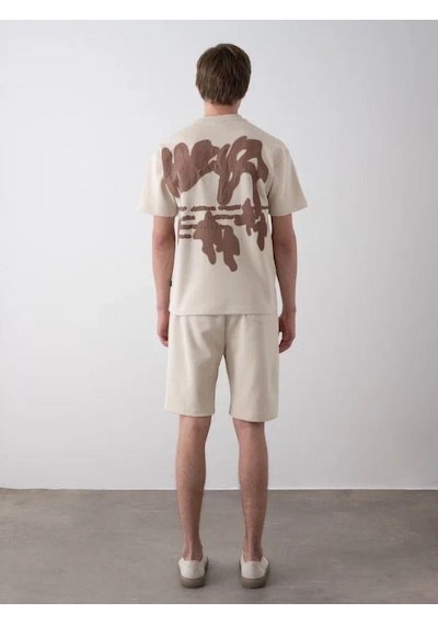 Erkek Çocuk Sırt Baskılı Pamuklu Oversize T-shirt Şort Takım-15798 Bej