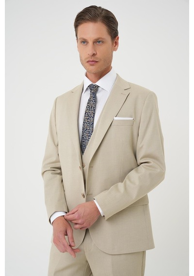 Efor Slim Fit Dokulu Çift Yırtmaç Yelekli Klasik Bej Takım Elbise Tk 898 Bej