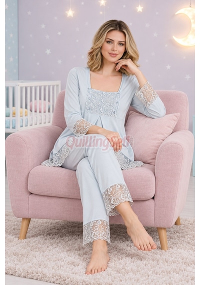 Quilling Bebe Mavi Renkli Dantel Detaylı, 33203, 2 Parça Lohusa Hamile Pijama Takımı Açık Mavi