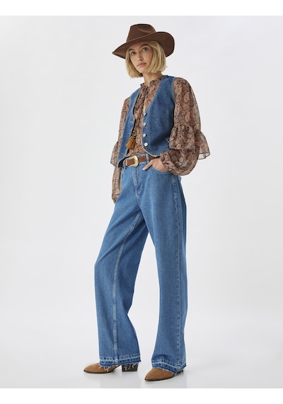 Koton Düz Uzun Paça Kot Pantolon Çift Bel Detaylı Normal Bel - Straight Jean Orta İndigo 5wal40109md İndigo