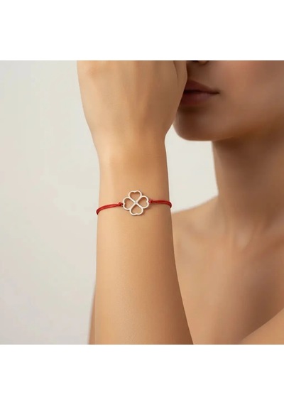 G&a Jewels - Kalpli Yonca - 925 Ayar Gümüş 0.01ct Pırlanta Taşlı Kırmızı İpli Bileklik Gümüş - Kırmızı