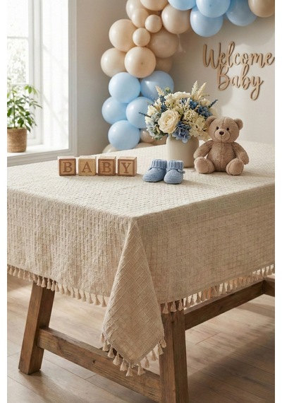 Organizasyon Monika Püsküllü Masa Örtüsü - Baby Shower, Doğum Günü, Nişan Bohem Vintage Buldan Örtü Bej