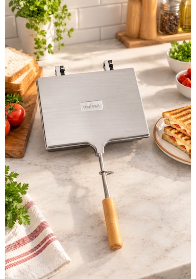 Porsima Çift Taraflı Ocak Üstü Tost Makinesi 17x23 Cm Granit İç Yüzeyli Ahşap Saplı Klasik Tost Tavası Teflon