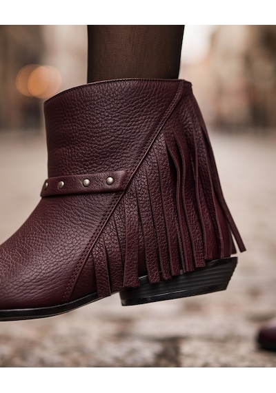 Futsishoes Camelot Bordo Hakiki Floter Deri Püskül Detaylı Kadın Kısa Topuklu Bot