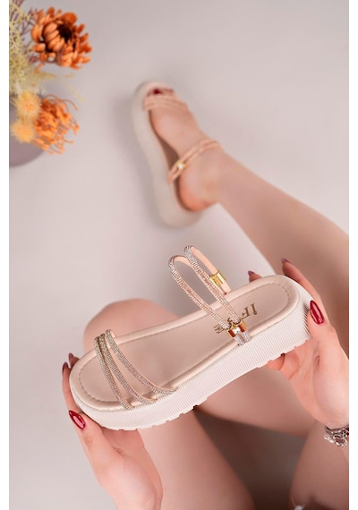 Aymood Kadın Taşlı Şık Nude Renk Puf Yumuşak Sandalet Bej