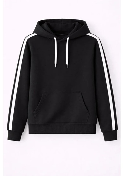 Vexor Erkek Şeritli Kapüşonlu Sweatshirt Oversize 3 Iplik Pamuklu - Siyah