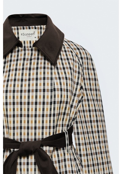 Sateen Kadife Detaylı Ekose Ceket - Bej-138111