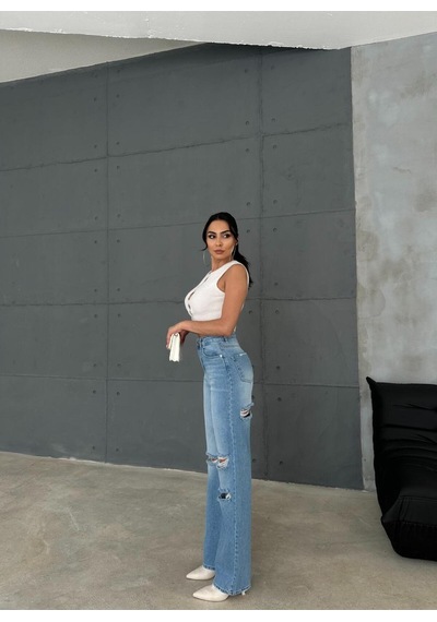 Zeo Basic Denim Wide-leg Pantolon Ön-arka Lazerli Orta Mavi Orta Mavi