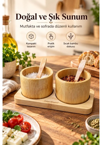 Atbyhome Bambum 5 Parça Bambu 2'li Baharatlık Seti - Kaşıklı Masa Üstü Baharat Kasesi Ve Servis Standı Sunumluk
