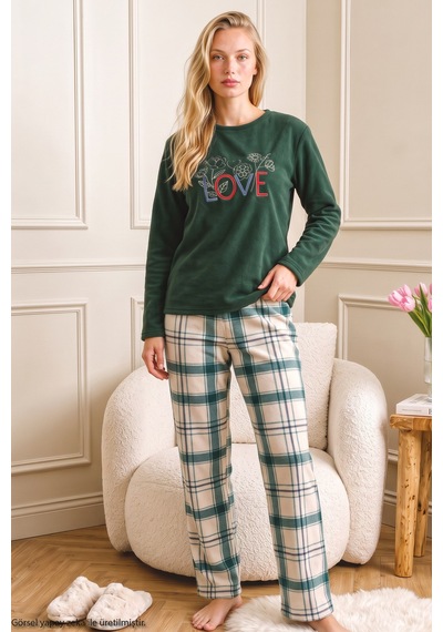 Siyah İnci Yeşil Nakışlı Alt-üst Polar Kışlık Örme Pijama Takım 26222121