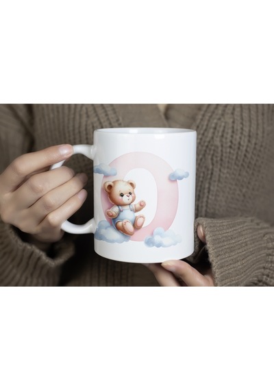 O Baş Harf Sevimli Ayıcık Detaylı Kupa Bardak, Tatlı Pembe Bardak Hediyesi - Teddy Figür Beyaz
