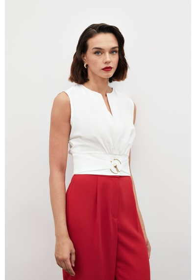 Sateen Toka Detaylı Kolsuz Bluz - Ekru-134859
