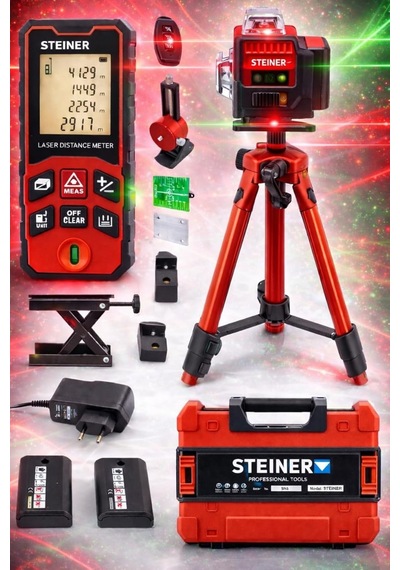 Ayrex Profesyonel 12 Köşe Yeşil Çizgi Lazer Otomatik Hizalama Çantalı + 50mt Lazer Metre + Tripod