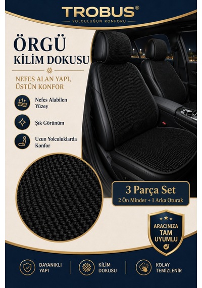 Hyundai Elantra 2016-2020 Üniversal Örme 3 Parça Minder Terletmez Kaymaz Taban Siyah