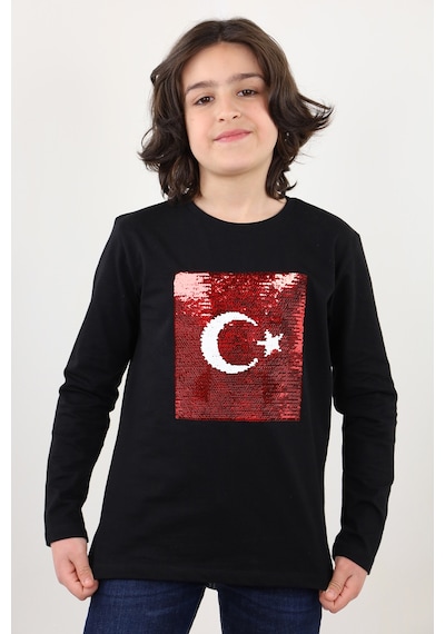 Toontoy Kids Toontoy Unisex Çocuk Atatürk Bayraklı Çift Taraflı Pullu Tişört Siyah