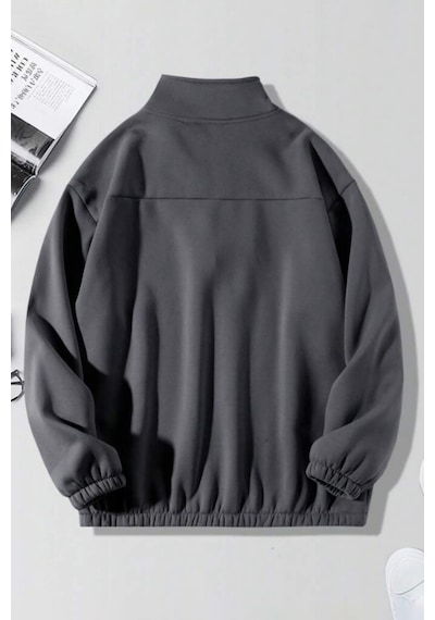 Ghassy Co. Erkek Yarım Fermuarlı Oversize Bel Ve Kol Lastikli İçi Polarlı Sweatshirt Füme