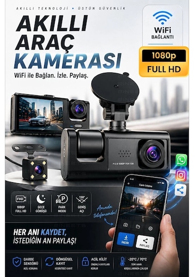 Wifi 1080p 3 Kameralı Araç İçi Kamera Lcd Ekranlı Gece Görüşlü G Sensörlü Geniş Açılı