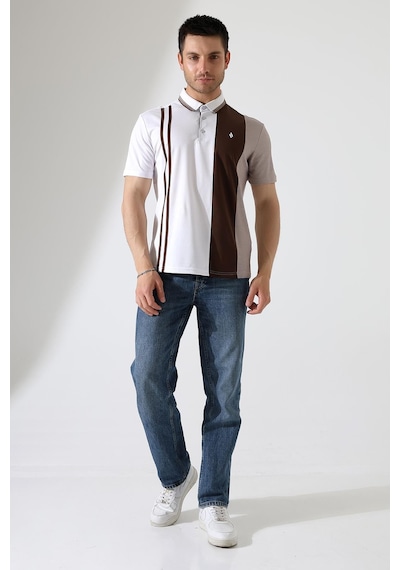 Rıbana Classıc Erkek Çizgili Şerit Detaylı Pamuklu Polo Yaka T-shirt Beyaz