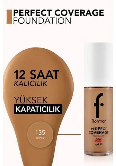Flormar Perfect Coverage Yoğun Kapatıcı Su Bazlı Fondöten (Sıcak Alt Ton) -135 Hazel -8682536070638