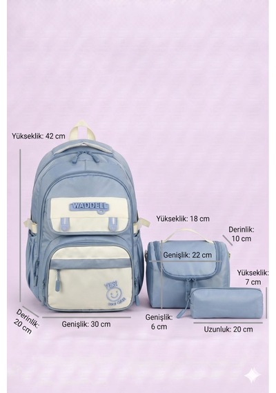 Waddell Lisanslı Twill Modeli 3'lü Set İlkokul Ortaokul Günlük Okul Sırt Çantası Beslenme Kalemlik 26102 Mavi