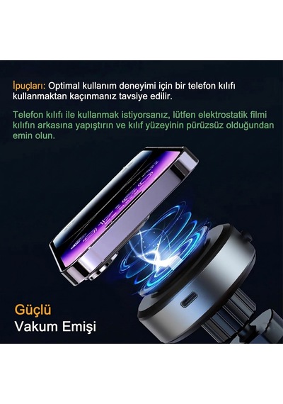 Vantuzlu Klima Havalandırmaya Takılan Magsafe Iq Şarjlı Telefon Tutucu Siyah Renkli