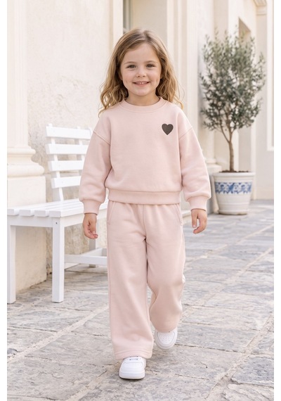 Zuzunga Kalp Nakış 3 İplik Fırçalı Kumaş Sweatshirt Eşofman Alt Üst Takım Pembe