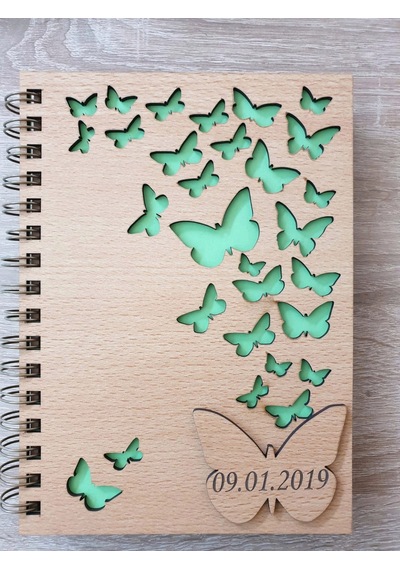 Ahşap Kapaklı.İsme Özel.Kelebek Desenli Ajanda Ve Defter Ajanda-Beyaz Çizgili