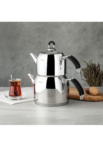 Nehir Modern Mini Küçük Boy Süzgeçli Çaydanlık Takımı Gri