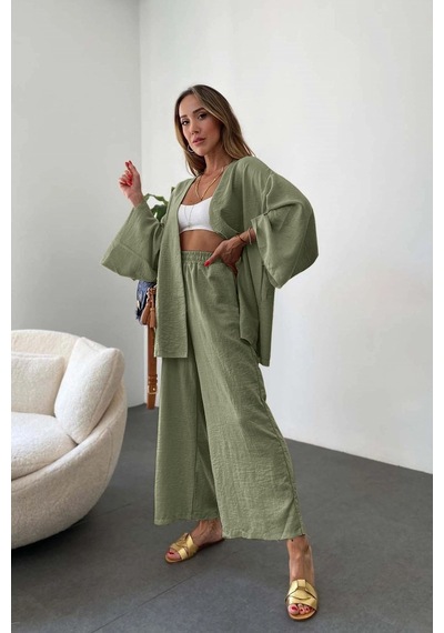 Sacrosa Keten Salaş Kimono İkili Takim Renkli