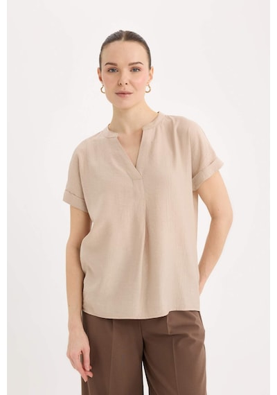 Defacto Regular Fit Bisiklet Yaka Krinkıl Kumaş Kısa Kollu Bluz D8682ax25spbg722 Bej