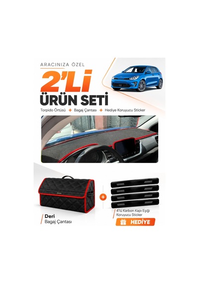 E-biz Kia Rio 2019-2024 Uyumlu Torpido Örtüsü + Deri Bagaj Çantası Seti - Siyah-kırmızı - Kı014