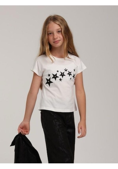 Escabel Kız Çocuk Yıldız Taş İşlemeli Tasarım T-shirt-15618 Beyaz