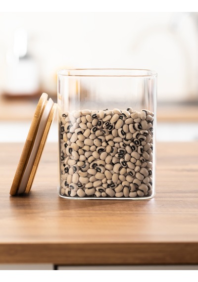 Porsima 5-4 Bambu Vakumlu Kapaklı Kare Borsilikat Cam 4lü Kavanoz Seti Saklama Kabı 750ml 7,5x15cm