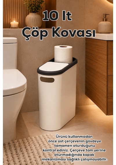 Porsima M-325 Çöp Kutusu Banyo Mutfak Çöp Kovası Kapaklı Banyo Çöp Kovası 10lt Beyaz