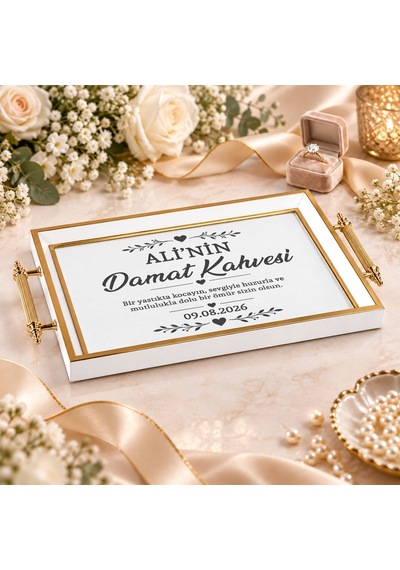 Bk Gift Kişiye Özel Beyaz&gold Söz Nişan Tepsisi-1 - 39x23 Cm Çok Renkli