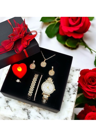 Gold Kadın Taşlı Siyah Kare Hediye Kutu Set Altın