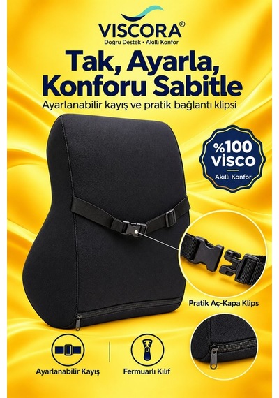 Araba Sırt Minderi Ofis Koltuk Sırt Minderi Ergonomik %100 Visco Klipsli Destek Yastığı, Siyah 45