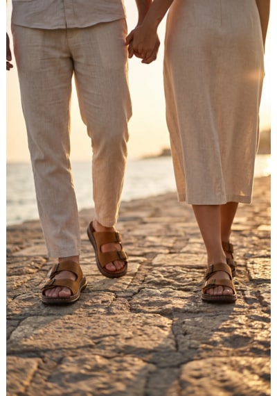 Fame Step Hakiki Deri Unisex Ortopedik Yumuşak Taban Comfort Yazlık Günlük Terlik Çift Terliği Tokalı Taba