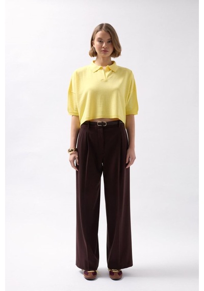 Tanla Butik Polo Yaka Crop Dokulu Bluz Sari