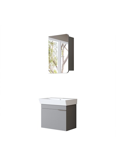 Likya Lavabolu Banyo Dolabı Takımı, Mdflam Tek Kapaklı Lavabolu 59 Cm Banyo Alt Dolabı + Üst Dolabı Kül Gri